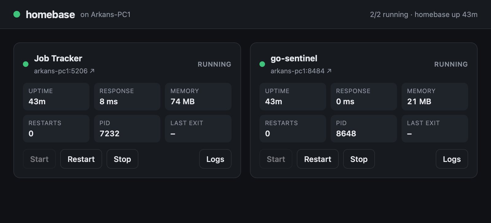 The homebase dashboard on my desktop showing Job Tracker and Sentinel running, with uptime, response time, memory, restarts and controls