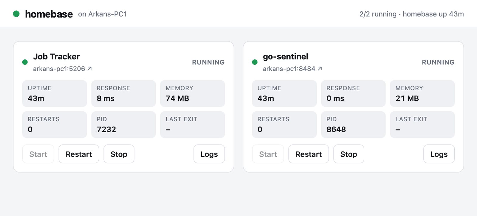 The homebase dashboard on my desktop showing Job Tracker and Sentinel running, with uptime, response time, memory, restarts and controls